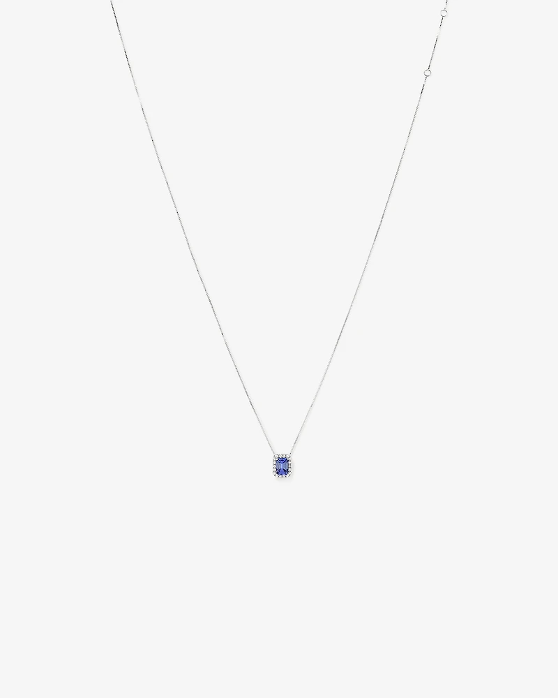 Pendentif Halo Avec Tanzanite Bleue Taille Émeraude Et 0,17 Carat Pt De Diamants En Or Blanc 14 Ct