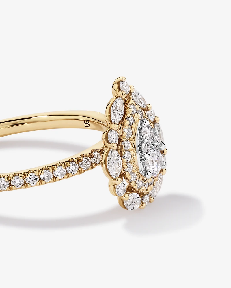 0.62 Carat TW Round Brilliant and Marquise Double Halo Cluster Diamond Ring 14kt Yellow Gold with Rhodium