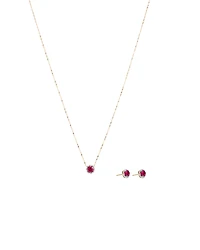 Round Cut Red Created Ruby and Lab-Grown Diamond Halo Stud Earrings and Pendant Necklace Set in 10kt Yellow & Rhodium