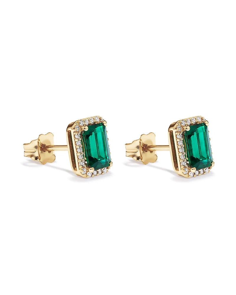 Emerald Cut Green Created Emerald Gemstone and Diamond Halo Earrings in 10kt Yellow Gold