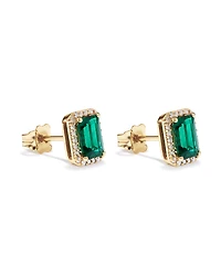 Emerald Cut Green Created Emerald Gemstone and Diamond Halo Earrings in 10kt Yellow Gold