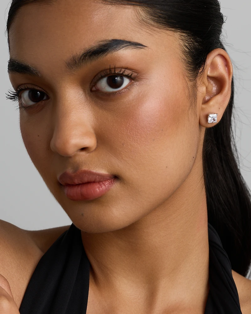 Boucles d'Oreilles Clous en Zircon Cubique Princesse de 7 mm en Argent Sterling