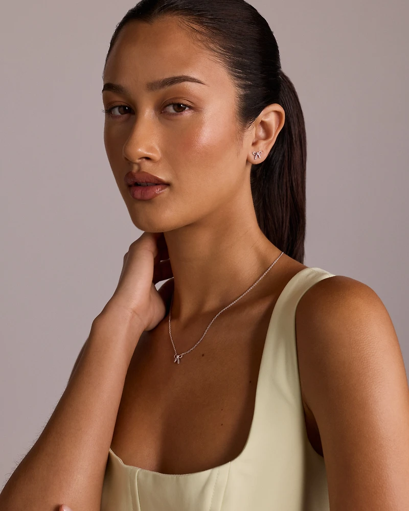 Bow Necklace and Stud Earrings Gift Set with Cubic Zirconia in Sterling Silver