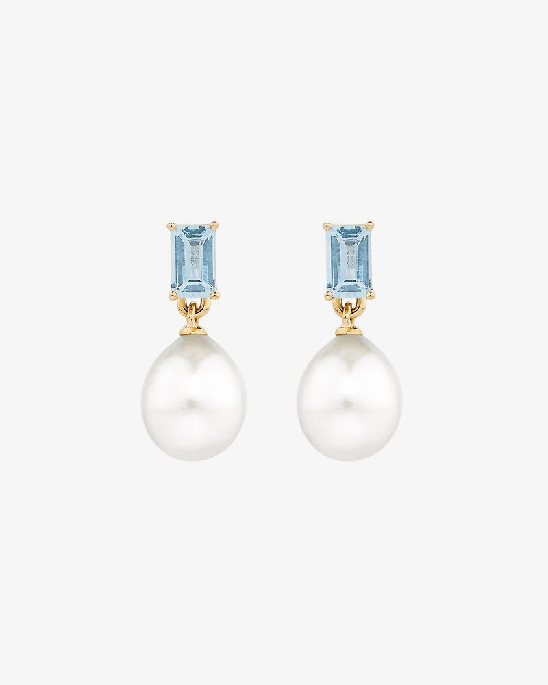 Multi-Wear Aquamarine and Cultured Freshwater Pearl Drop Stud Earrings in 10kt Yellow Gold