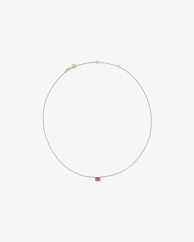 Emerald Cut Pink Created Sapphire East-to-West Set Bezel Necklace with Chain in 10kt Gold