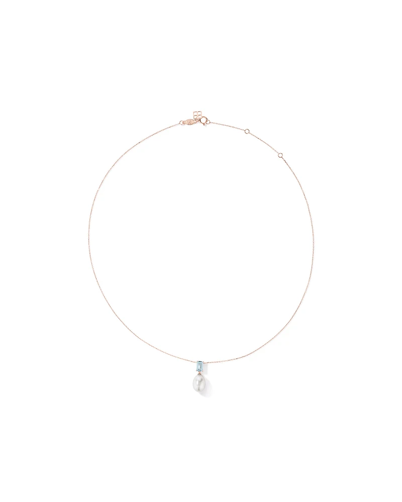 Aquamarine and Cultured Freshwater Pearl Drop Necklace in 10kt Rose Gold