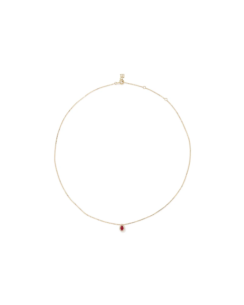 Pear Cut Red Ruby Gemstone and 0.05 Carat TW Diamond Halo Necklace in 10kt Yellow Gold