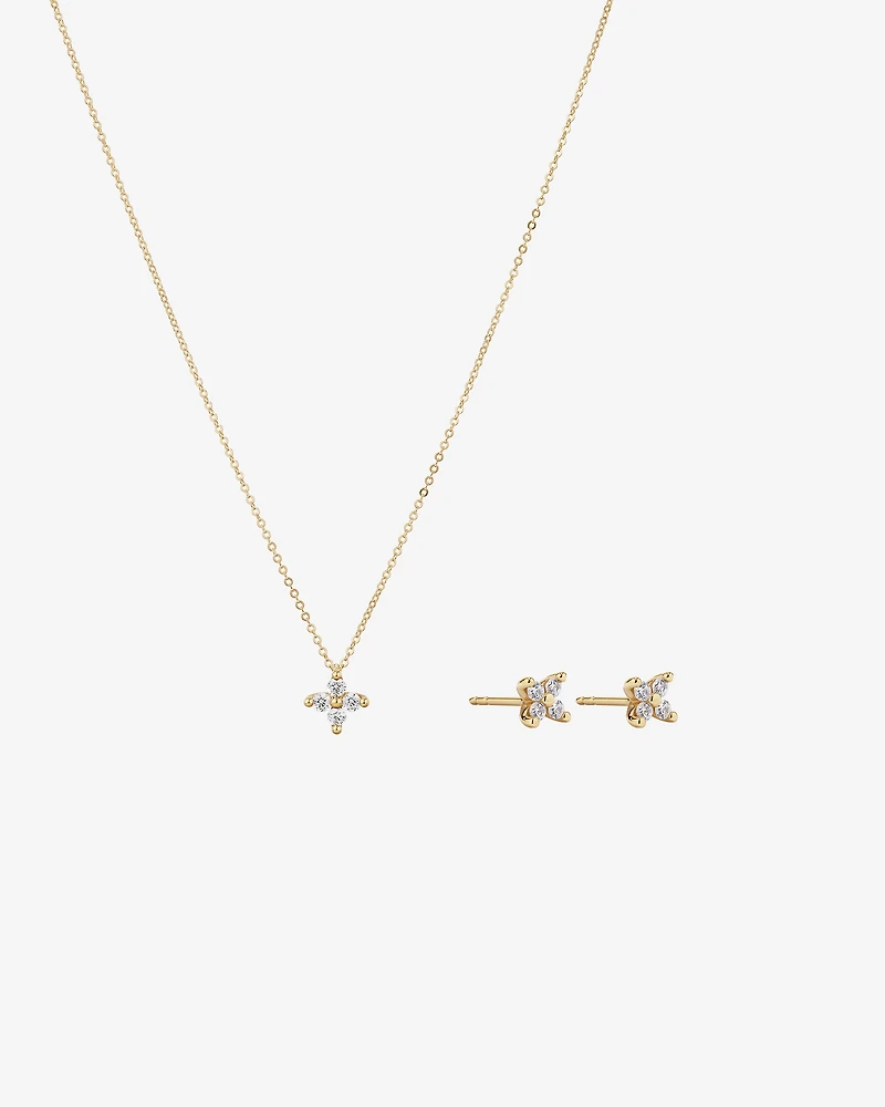 Flower Necklace and Stud Earrings Gift Set with Cubic Zirconia in 10kt Yellow Gold