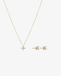 Flower Necklace and Stud Earrings Gift Set with Cubic Zirconia in 10kt Yellow Gold