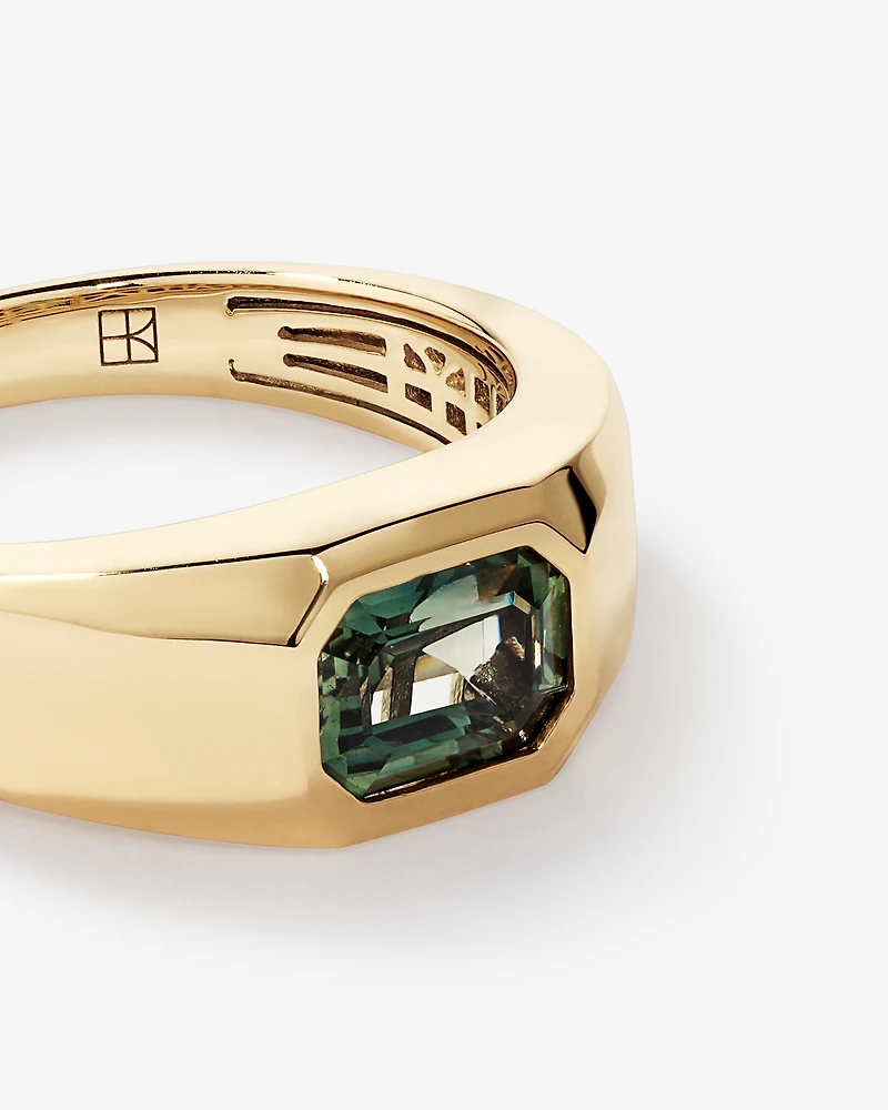 Bague Solitaire Pour Homme Avec Pierre De Saphir Vert Sertie Clos En Or Jaune 10Kt