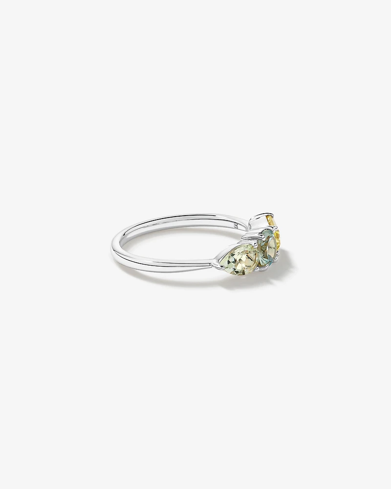 Anneau multi-gemmes en améthyste verte, topaze bleu ciel et quartz citron or blanc 10 carats