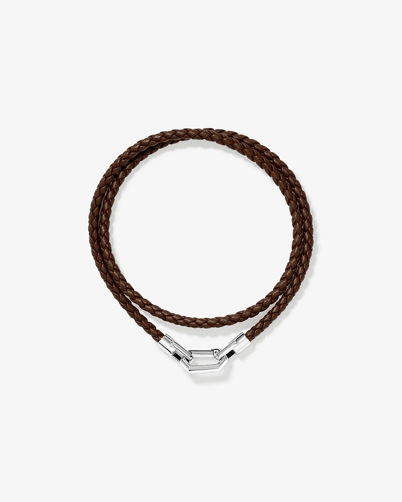 Bracelet double enveloppe en cuir tressé pour hommes en argent sterling