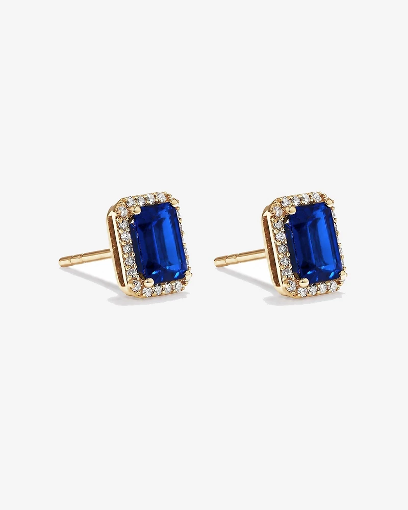 Boucles d'oreilles halo Saphir créé taille émeraude avec diamants en or jaune 10 ct