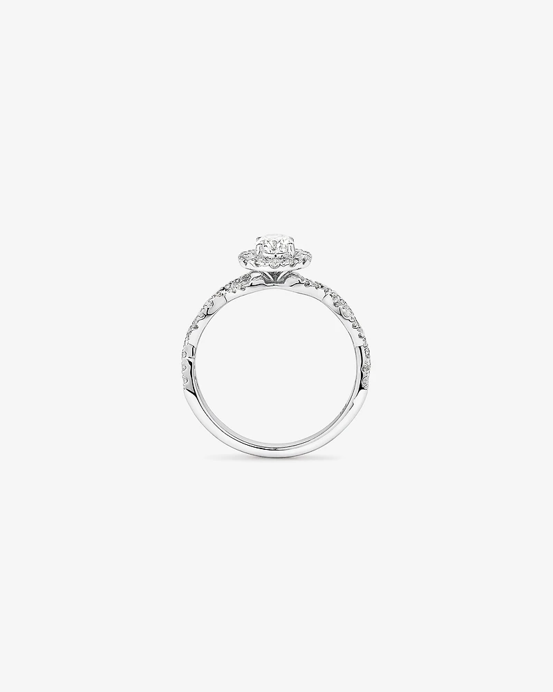 0,75 Carat Poids Total Bague De Fiançailles En Diamant Coupe Ovale Avec Halo Accent Torsadé, En Or Blanc 14 Ct