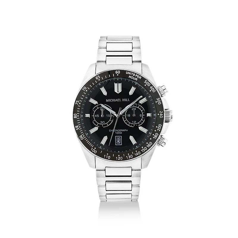 Men's Chronograph Stainless Steel Watch with Black Dial