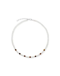 Cultured Freshwater Pearl & Tiger Eye Necklace in Sterling Silver