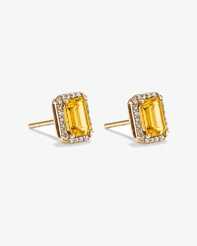 Emerald Cut Citrine and Diamond Halo Earrings in 10kt Yellow Gold