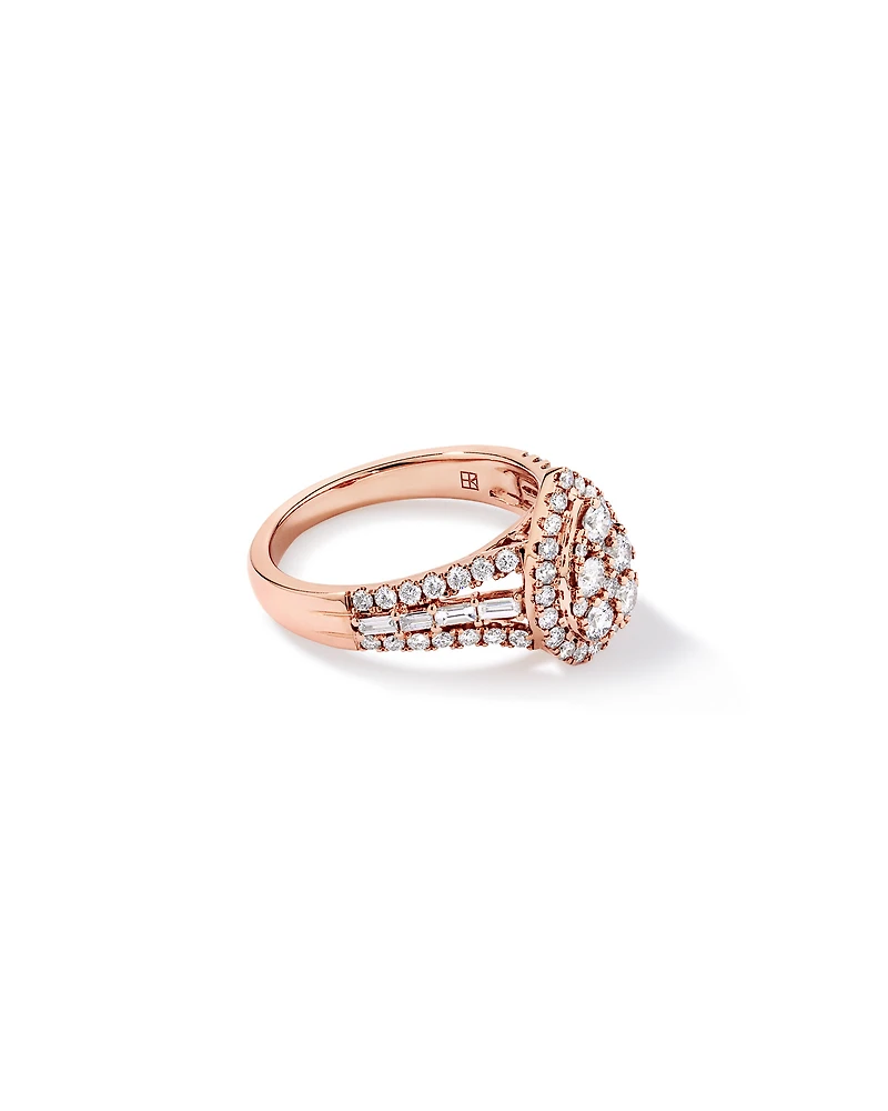 1.25 Carat TW Round Brilliant and Baguette Cluster Diamond Ring in 14kt Rose Gold