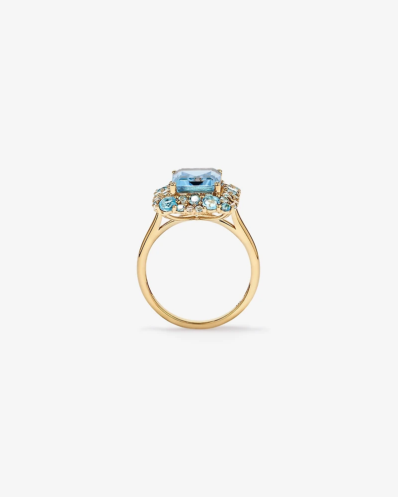 Anneau de topaze Halo bleu ciel, Londres, suisse et blanc en or jaune 10 kt