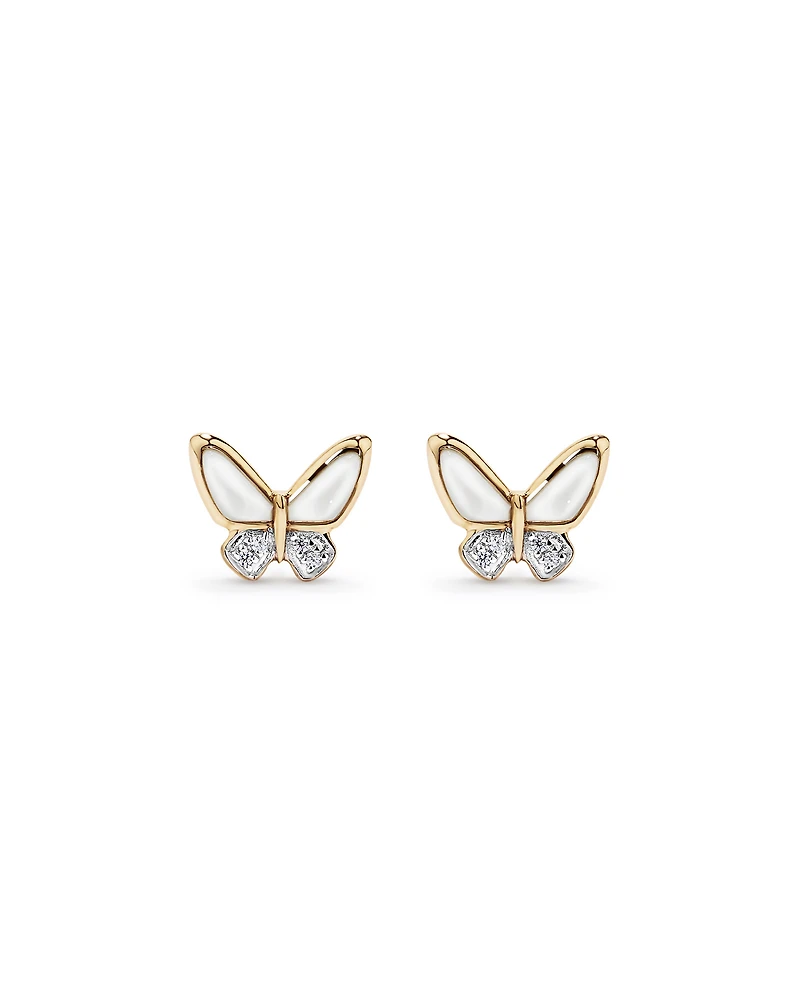Boucles d’oreilles en forme de papillon en nacre de nacre pour enfants en or jaune 10 kt