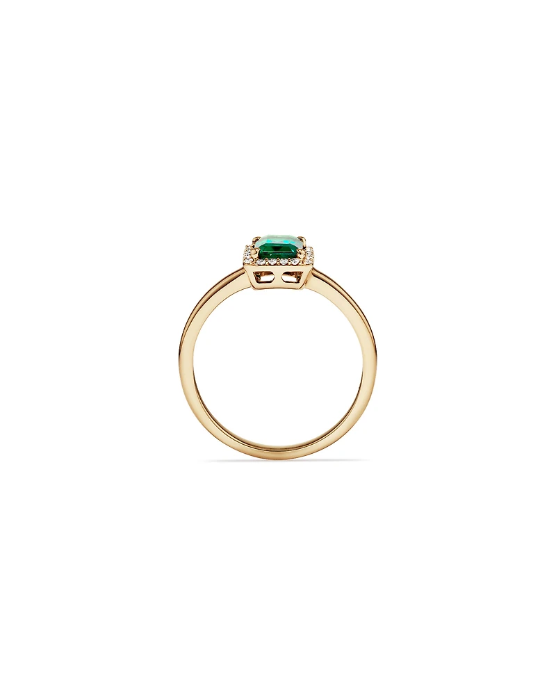 Emerald Cut Green Created Emerald Gemstone and Diamond Halo Ring in 10kt Yellow Gold