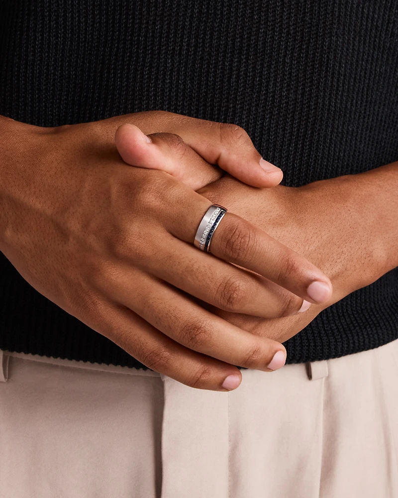 0.46 Carat TW Diamond and Blue Sapphire Gemstone Men's Ring in 10kt White Gold