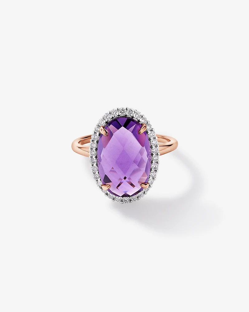 Oval Amethyst & 0.35 Carat TW Diamond Halo Ring 10kt Rose Gold with Rhodium
