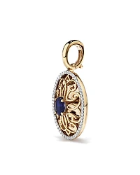 Blue Created Sapphire Gemstone and Diamond Halo Filigree Oval Enhancer Pendant in 10kt Yellow Gold