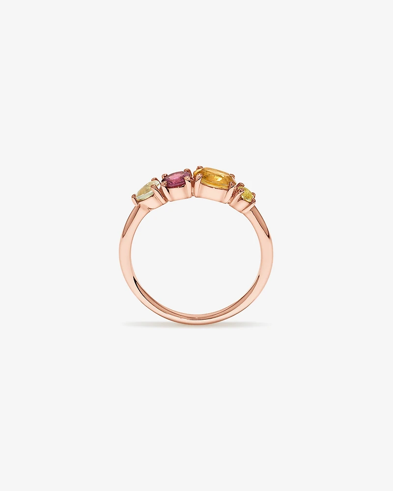Anneau multi-gemmes en améthyste verte, tourmaline rose, citrine orange et quartz citron or rose 10 carats