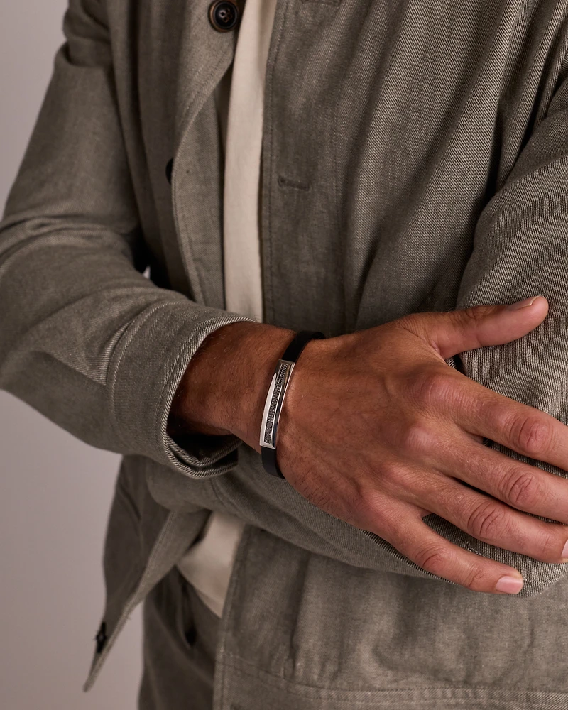 Men's Silver & Leather 21cm Bracelet with 0.40 Carat TW of Black Diamonds