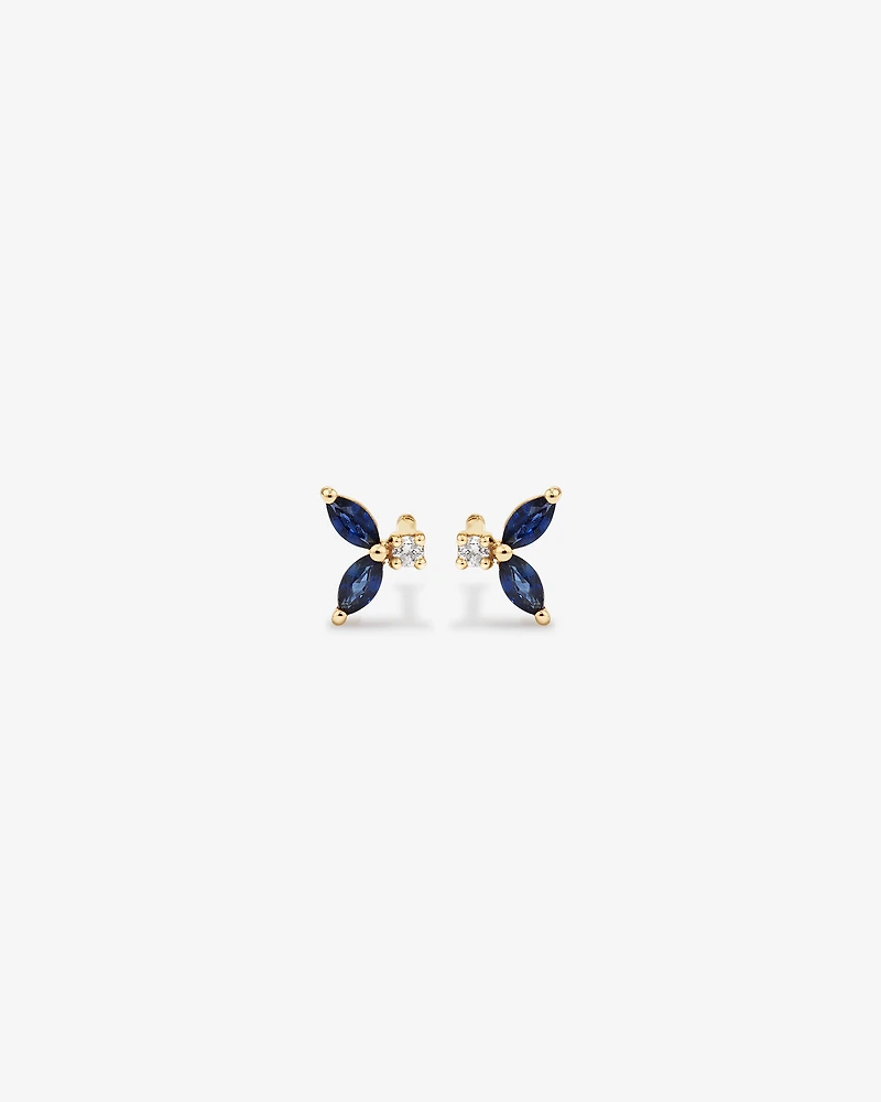 Round Diamond and Marquise Blue Sapphire Gemstone Stud Earrings in 10kt Yellow Gold
