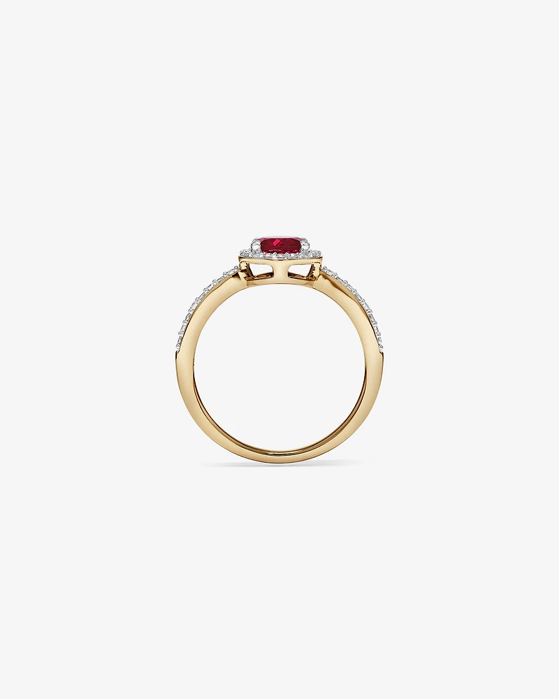 Round Cut Red Created Ruby and Lab-Grown Diamond Halo Ring in 10kt Yellow Gold and Rhodium