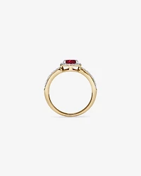 Round Cut Red Created Ruby and Lab-Grown Diamond Halo Ring in 10kt Yellow Gold and Rhodium