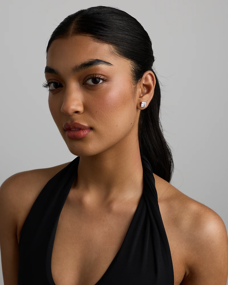 Boucles d'Oreilles Clous en Zircon Cubique Princesse de 7,5 mm en Argent Sterling