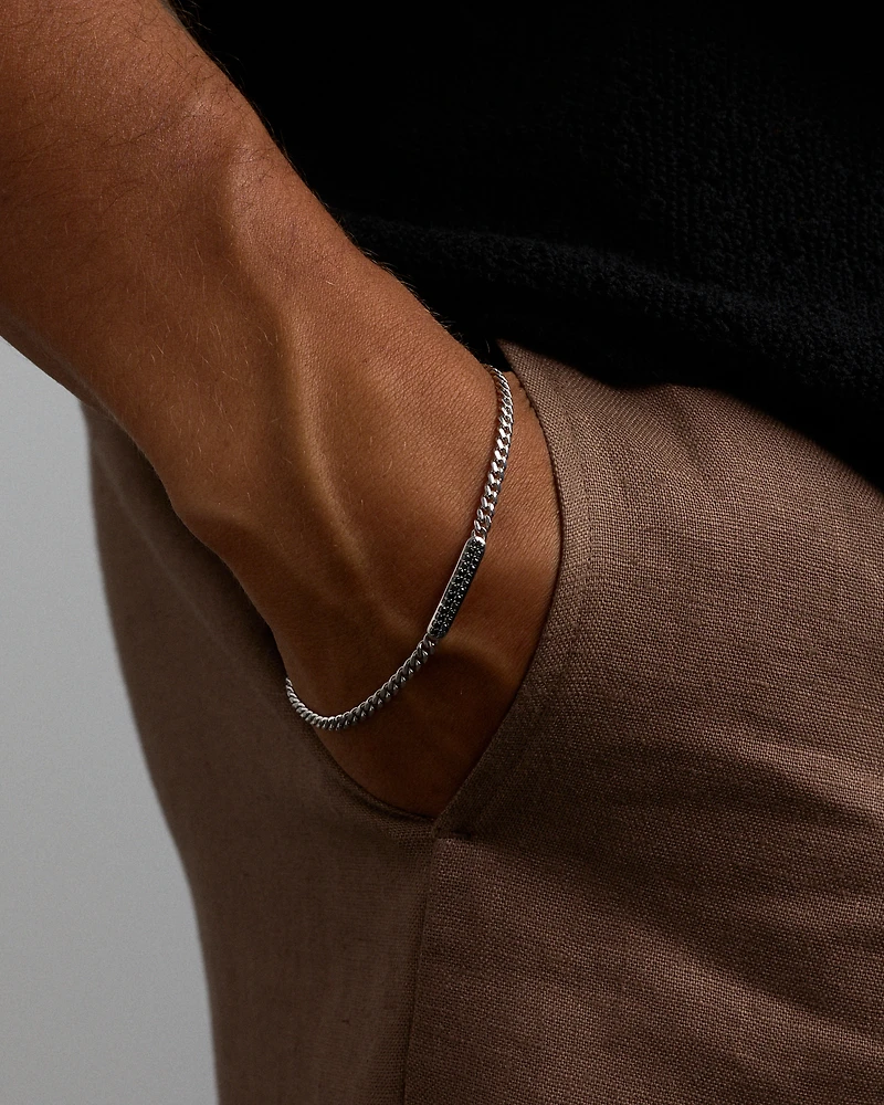 Bracelet micro maille gourmette pour homme avec 0,30 carat de diamants noirs en argent sterling