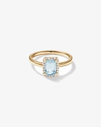 Bague halo Aigue-marine taille émeraude avec diamants en or jaune 10 ct