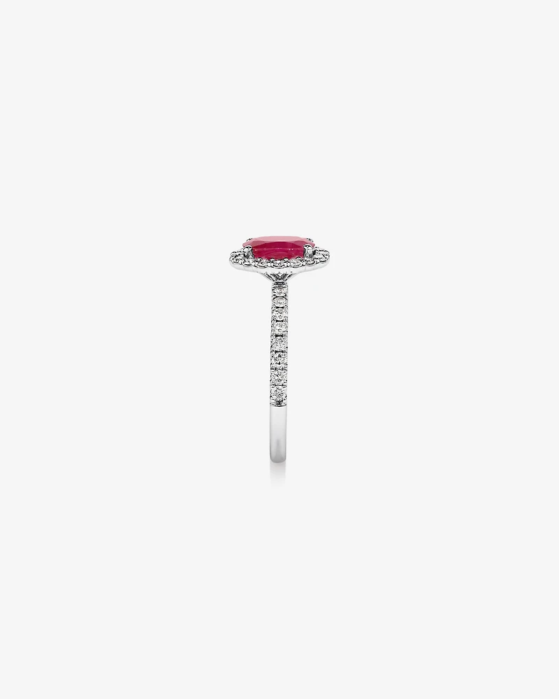Oval Cut Red Ruby Gemstone and 0.60 Carat TW Diamond Halo Ring in 14kt White Gold