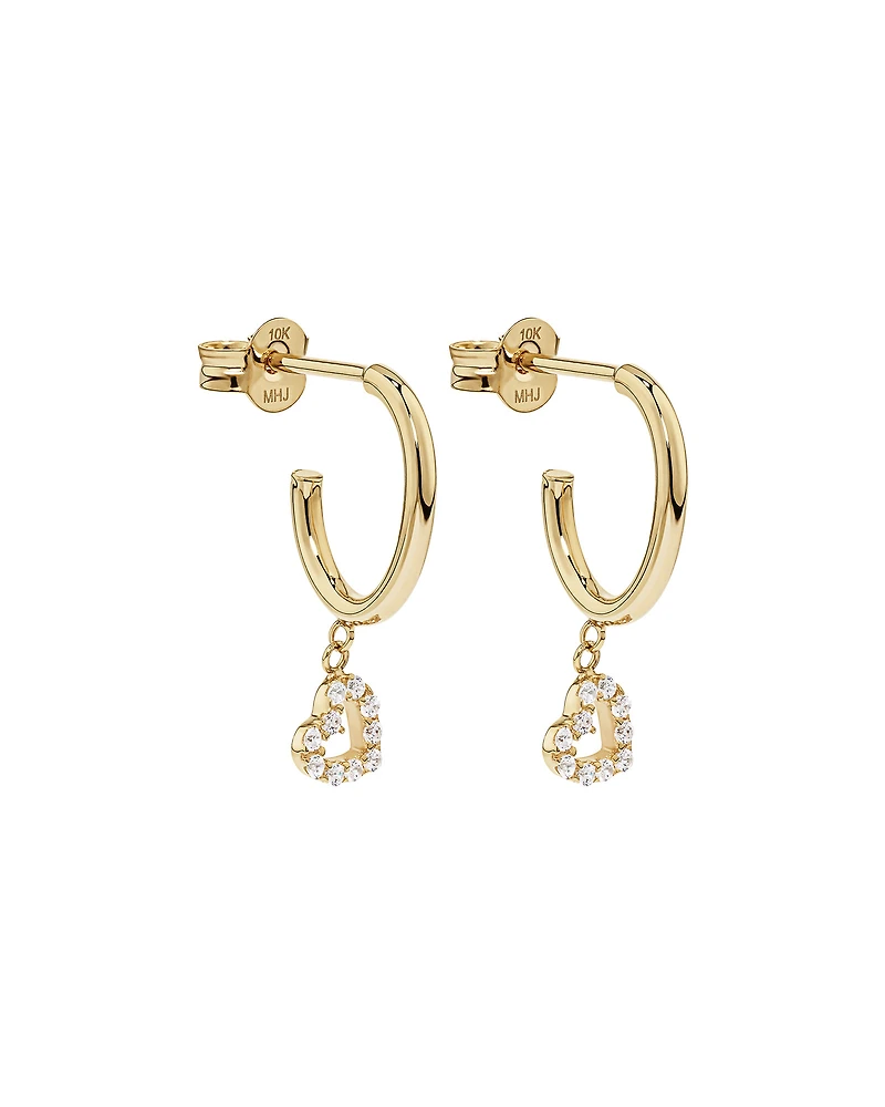 Boucles d'Oreilles Créoles Clous avec Breloque Cœur Ouvert en Zircon Cubique en Or Jaune 10 kt