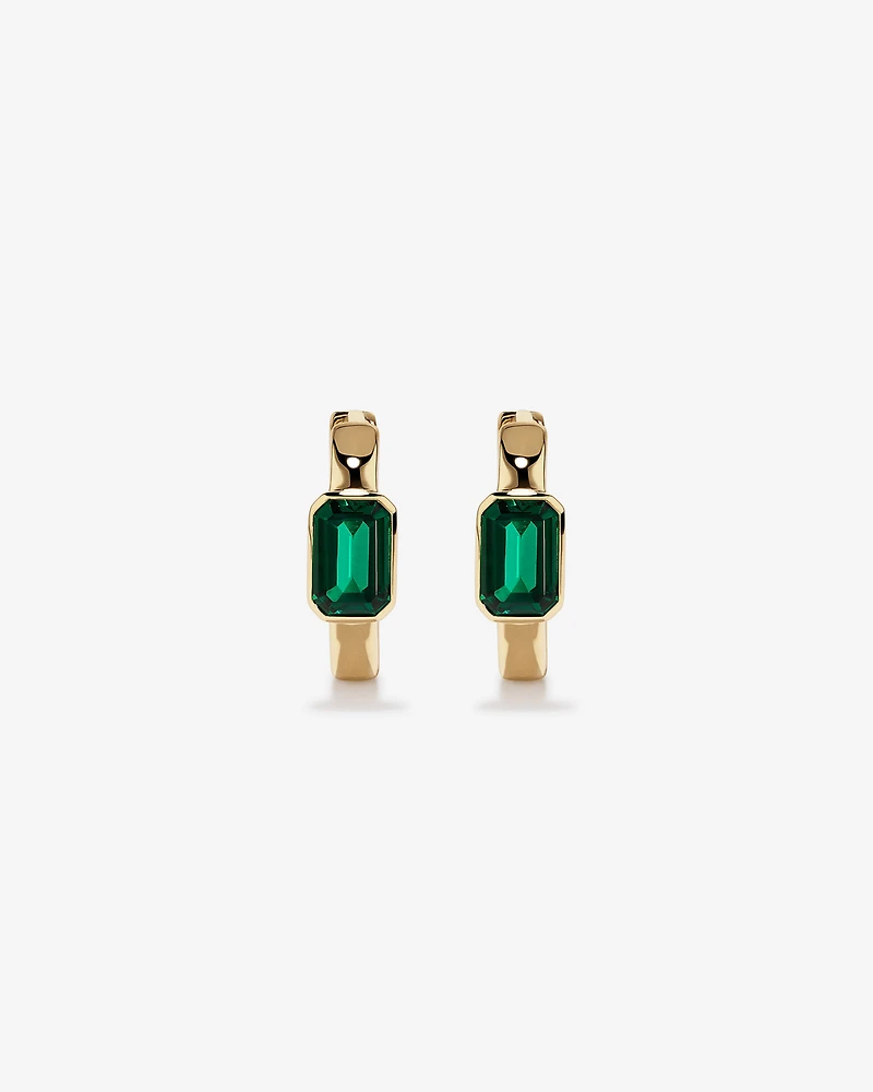 Created Emerald Bezel Huggie Earrings in 10kt Yellow Gold