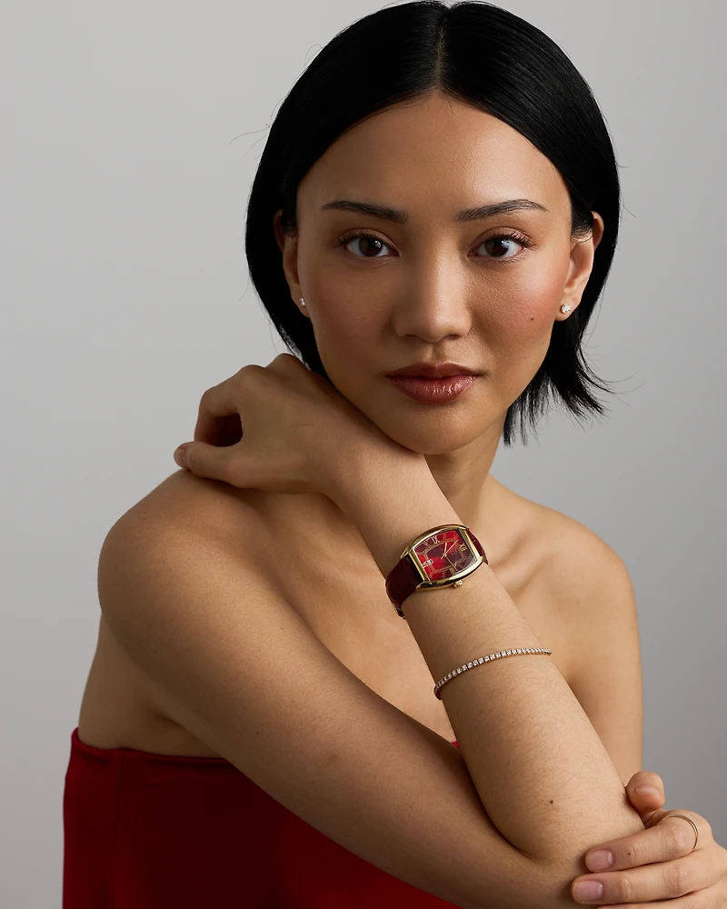 Gold-Tone Lunar New Year Watch with Red Leather Strap