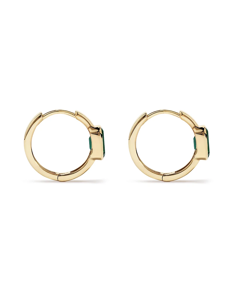 Created Emerald Bezel Huggie Earrings in 10kt Yellow Gold