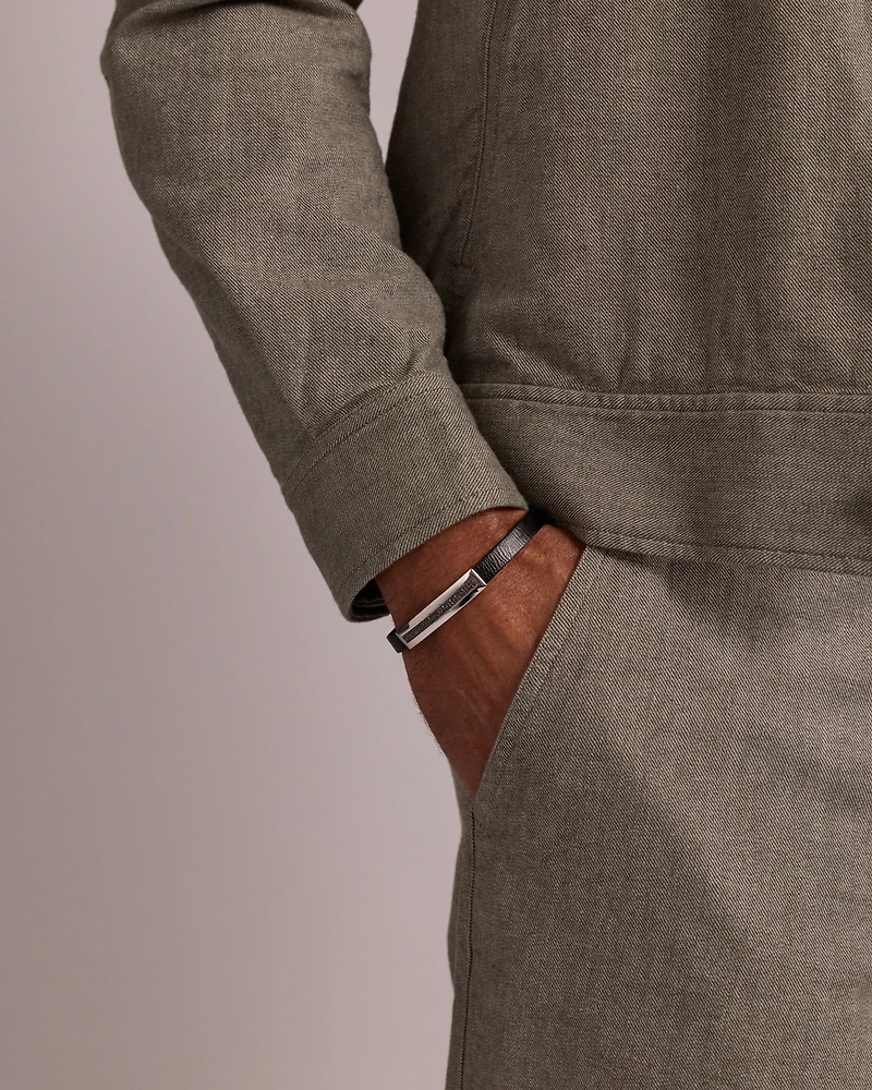 Men's Silver & Leather 21cm Bracelet with 0.40 Carat TW of Black Diamonds