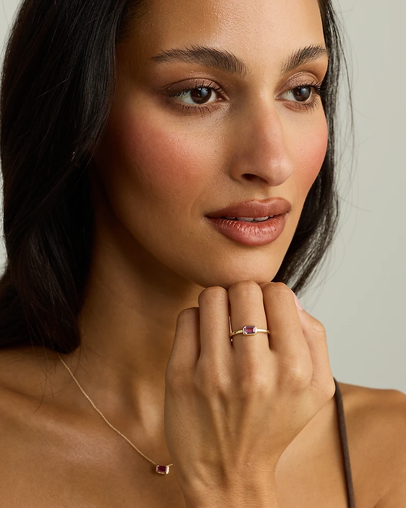 Emerald Cut Pink Created Sapphire East-to-West Set Bezel Ring 10kt Yellow Gold
