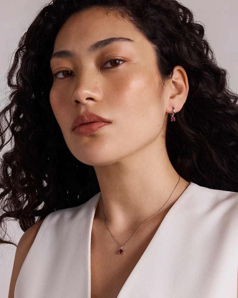 Round Cut Red Created Ruby Gemstone Hoop Earrings and Pendant Necklace Set in Sterling Silver