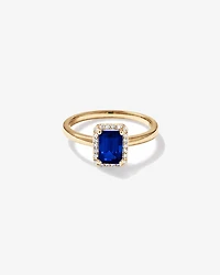 Emerald Cut Created Sapphire and Diamond Halo Ring 10kt Yellow Gold