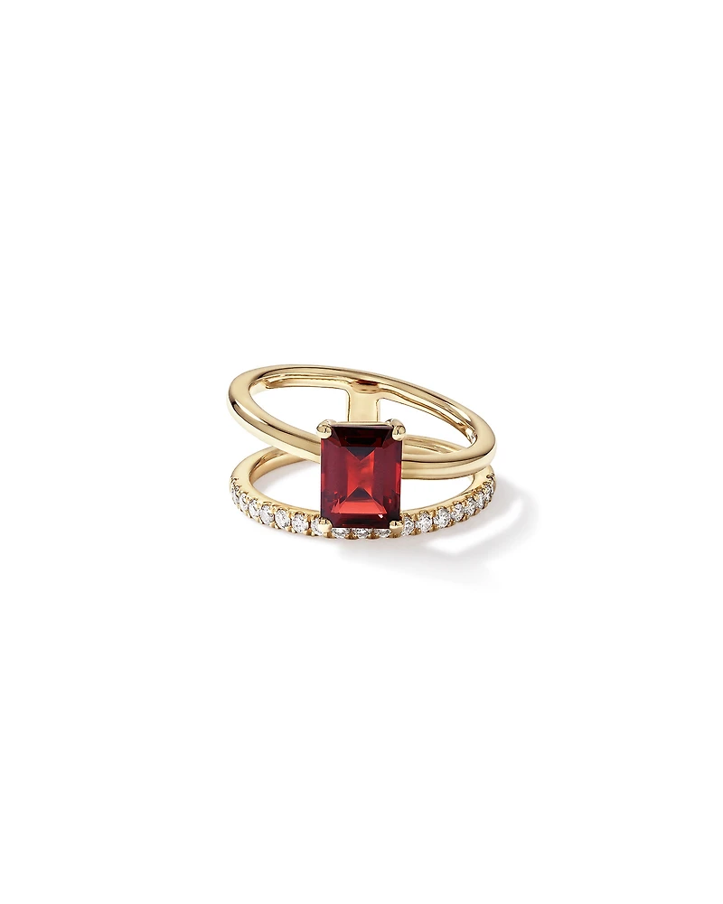 Emerald Cut Garnet with 0.25 Carat TW of Diamonds Double Band Ring in 10kt Yellow Gold