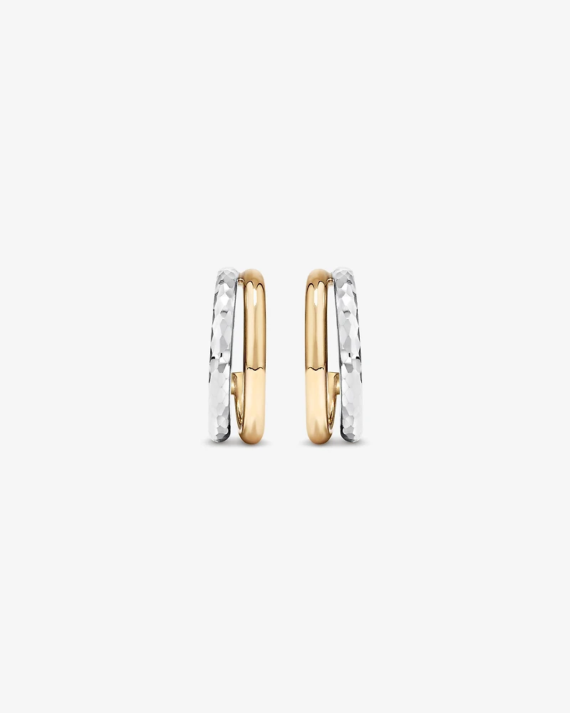 Two-Tone Double Half Hoop Hammered Finish Stud Earrings in 10kt White and Yellow Gold