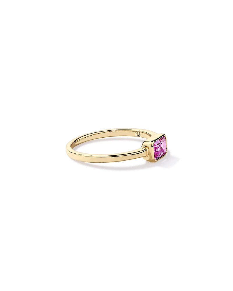 Emerald Cut Pink Created Sapphire East-to-West Set Bezel Ring 10kt Yellow Gold