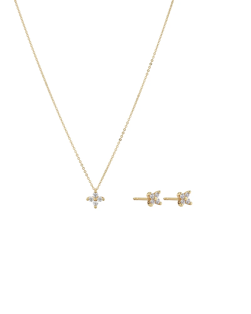 Flower Necklace and Stud Earrings Gift Set with Cubic Zirconia in 10kt Yellow Gold