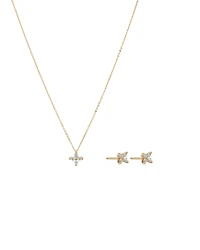 Flower Necklace and Stud Earrings Gift Set with Cubic Zirconia in 10kt Yellow Gold